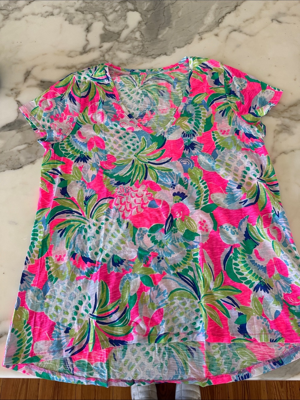 Lilly Pulitzer Neon Pink Tropical V-Neck Short Sleeve Tee